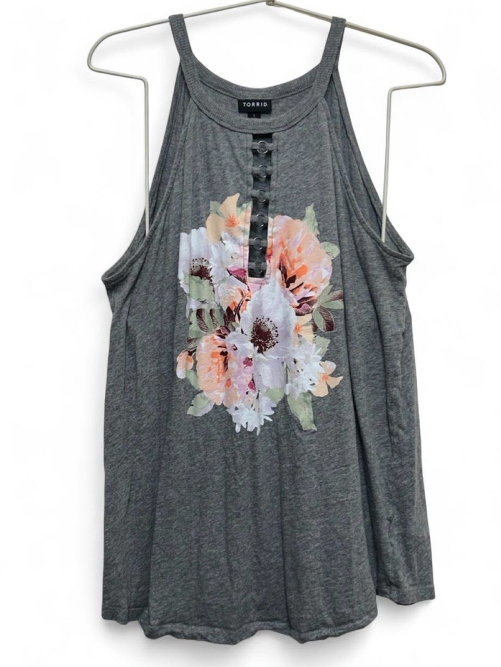Torrid Floral O-Ring Tank Top 1X Gray 100% Cotton High Neck Boho
